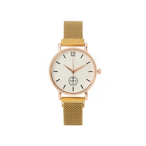 Elegant rose gold women's quartz watch with milanese mesh strap and matte white dial