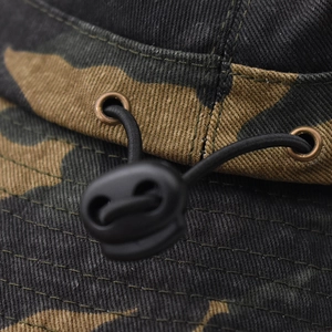 Outdoor camouflage bucket hat with adjustable drawstring and breathable metal eyelets