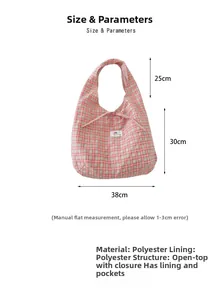 Detailed size guide of pink plaid tote bag with bow, 38cm width and 30cm height