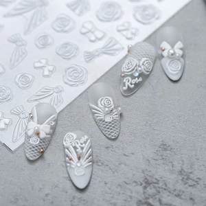Embossed Nail Stickers Stereo White Rose Bowknot Design Self Adhesive Manicure Decoration For DIY Nail Art