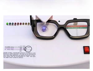 Detail of UV400 protection test on professional device for black thick frame glasses