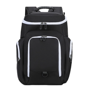 Front view of black sports basketball backpack with white zipper accents and top handle