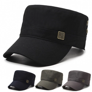 Men Cadet Hat Cotton Twill Flat Top Army Cap Adjustable Buckle Outdoor Sun Protection Casual Military Style
