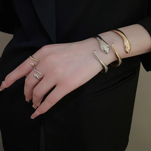 Close-up of minimalist gold and silver snake jewelry set with sleek polished finish