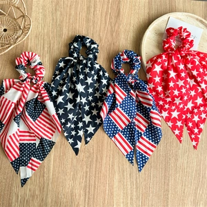USA flag pattern scrunchies with tails in red white blue silk material set of four