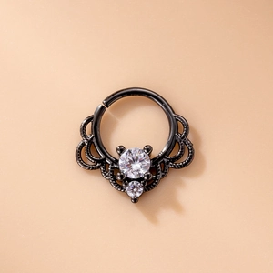 Black micro-paved zircon nose ring with vintage lace design on beige background