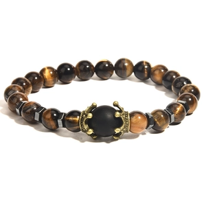 Bracciale in occhio di tigre con accenti corona dorata e perla di agata nera opaca