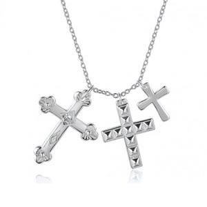 Polished silver S925 cross multilayer pendant necklace with rhinestone details