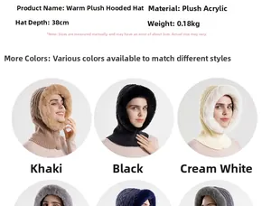 Detail view of plush hooded balaclava showing knit texture and thick faux fur trim