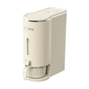 Large cream-colored rice storage container with viewing window and measuring cup