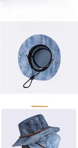 Detail showing adjustable windproof cord and leather strap on denim sun protection hats