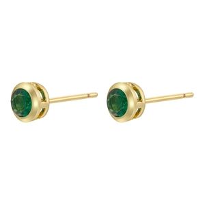 Close-up of 18K gold plated stud earrings with round green emerald cubic zirconia