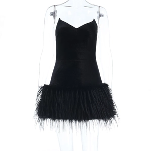 Detail of the black tube top mini dress featuring elegant feather trim and slim fit design