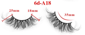 Detailed dimension guide for 6D messy Russian curl false eyelashes showing 18mm to 35mm lengths