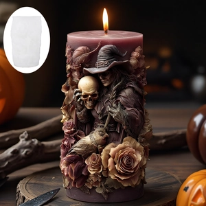 Molde De Silicona Para Velas De Bruja Gótica Relieve 3D Calavera Rosa Cuervo Patrón DIY Hecho A Mano Cera Perfumada