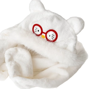 White plush kitty hat with cat ears and red glasses, cute hooded scarf for winter warmth