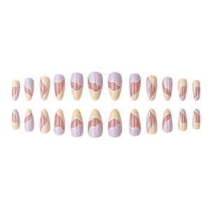 Set of 24 almond shape press-on nails with abstract wave patterns in purple and beige