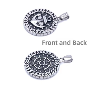 Vintage stainless steel nautical pendant featuring a ship anchor and helm on both sides