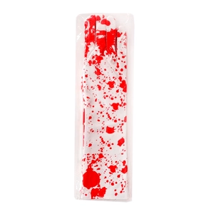 Detail view of long white Halloween costume gloves with red blood spatter in OPP packaging