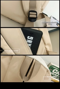 Detail of adjustable shoulder straps, hidden back zipper pocket and reinforced carry handle