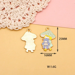 Detail of mushroom girl enamel pendant with 25mm x 16mm dimensions and weight specs