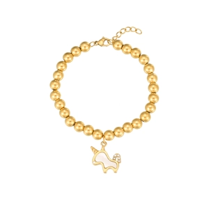 Detailed close-up of golden beaded bracelet featuring a sparkling unicorn charm with white enamel