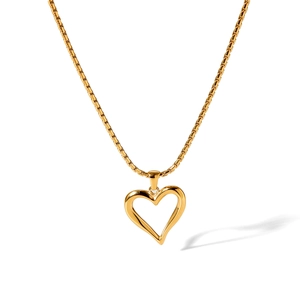 Polished gold stainless steel hollow heart pendant necklace for women on white background