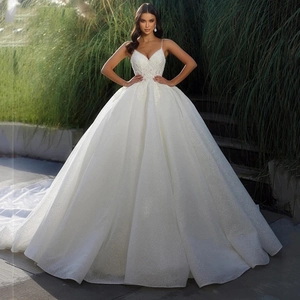 Elegant White Wedding Dress Lace Embroidery V-Neck Spaghetti Straps Sequined Ball Gown Bridal Gown With Long Train