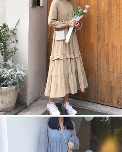 Detailed view of handmade pearl crossbody bag paired with khaki long sleeve ruffle dress