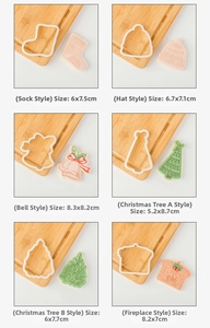 Detail of Christmas cookie cutters featuring sock, hat, bell, tree and fireplace shapes