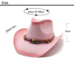 Detail of pink cowboy straw hat showing size specs with colorful beads and wide brim