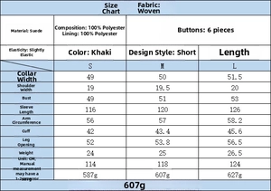 Detailed size guide and fabric specifications for the khaki faux suede cropped jacket