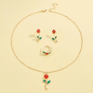 Parure bijoux rose dorée élégante avec collier et boucles d'oreilles en émail rouge