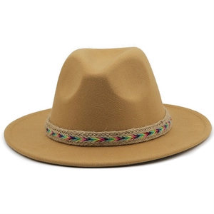 Classic wide brim khaki wool fedora hat with a colorful ethnic braided decorative band