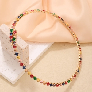 Elegant gold tennis necklace with square-cut rainbow cubic zirconia stones on silk