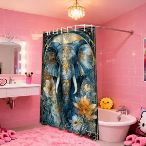 Detail of floral elephant shower curtain with gold lotus patterns and 12 hanging hooks