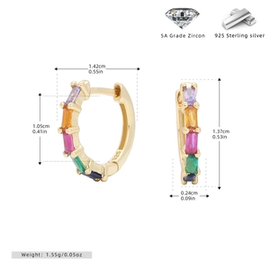 Detailed size specifications for gold 925 sterling silver hoop earrings with colored zircons