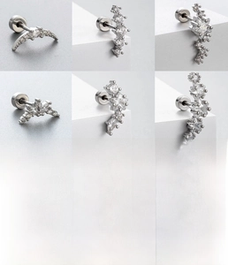 Detailed set of 6 silver titanium steel stud earrings featuring zircon and crescent moon