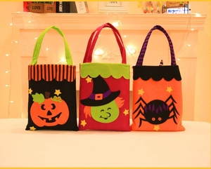 Three-piece set of Halloween felt gift bags featuring pumpkin, witch, and spider motifs