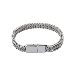 Detailed close-up of a silver stainless steel braided double-row wheat chain with magnetic clasp