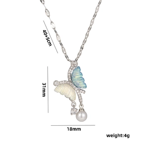 Asymmetric butterfly pearl necklace with colorful wings and crystals 40 plus 5cm length