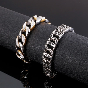 Hip hop zircon Cuban chain bracelet with sun motif and gold-silver two-tone plating