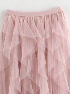 Detail shot of multi-layer pink mesh tulle fabric showing ruffled texture and tiered design