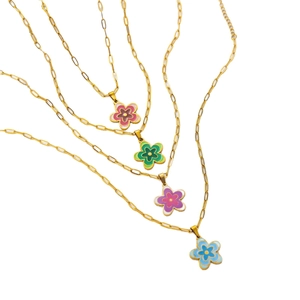 18k gold plated titanium necklace with layered colorful enamel flower pendants