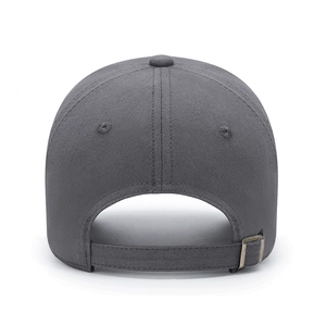 Deep grey cotton baseball cap with adjustable metal buckle back view on white background