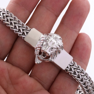 Men's hip hop lion head bracelet with stainless steel wheat chain in silver finish