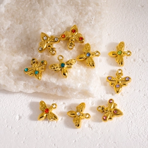 Golden bee pendants with colorful rhinestones on natural stone for DIY jewelry