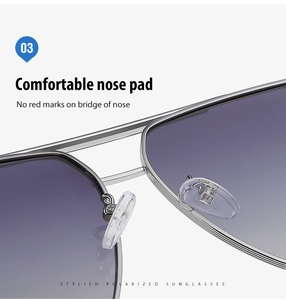 Close-up of comfortable transparent silicone nose pads on silver metal polarized sunglasses