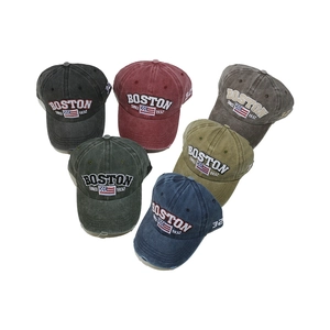 Vintage washed cotton baseball caps with Boston embroidery in six assorted retro colors
