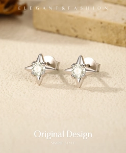 Detailed close-up of S925 sterling silver star-shaped stud earrings with sparkling crystals